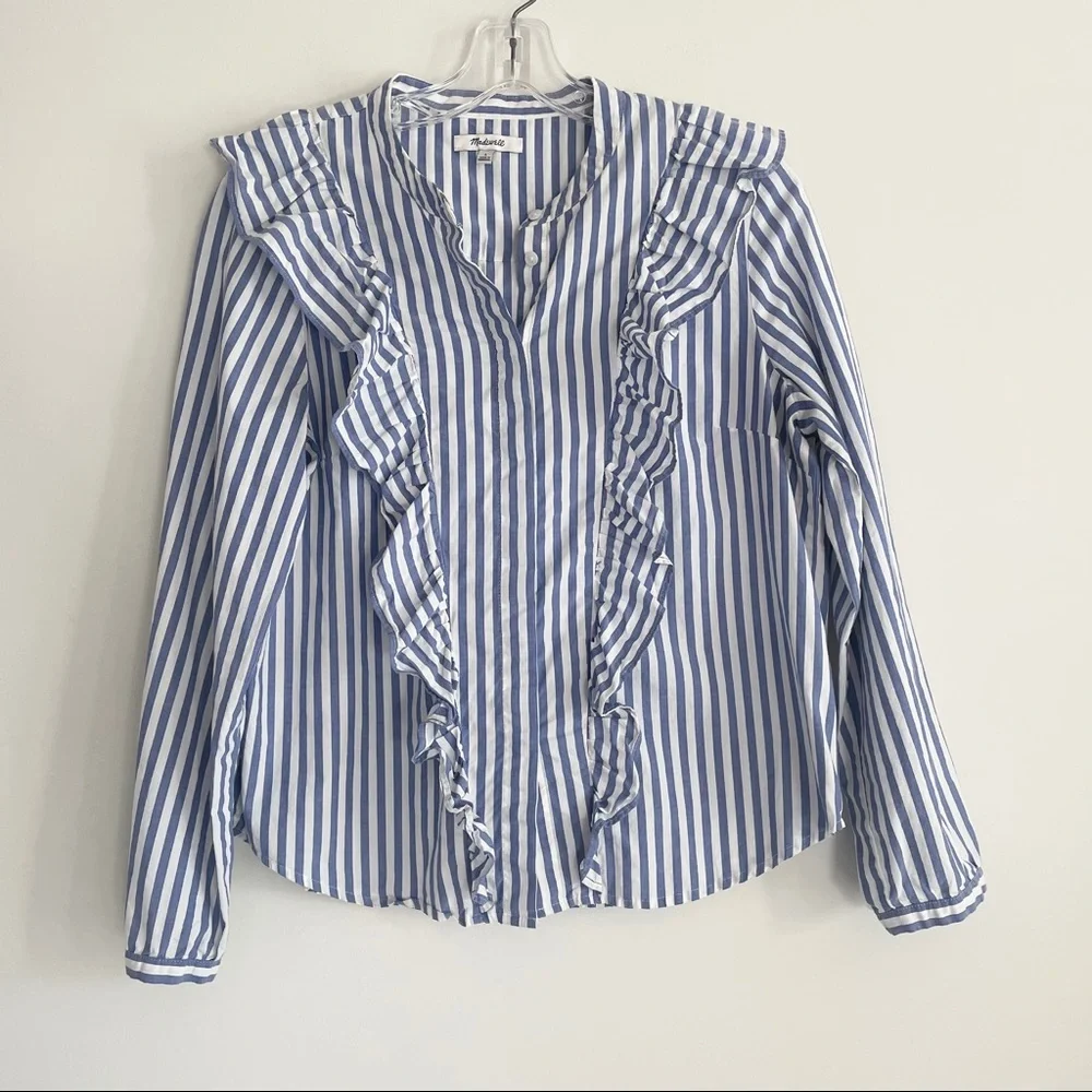 MADEWELL STRIPED RUFFLE FRONT BLOUSE BLUE WHITE - Picture 2 of 13